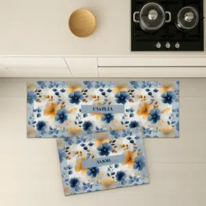 Passadeira Absorvente Floral Antiderrapante Personalizada - kit, Blue Flowers